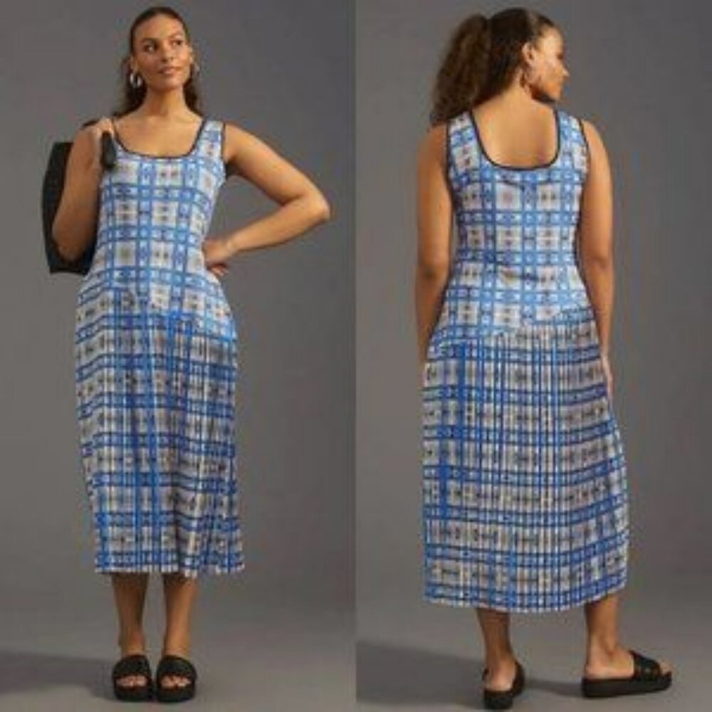 NWT Anthropologie Dhruv Kapoor Plaid Midi Dress XL $210 Blue Black Sundress